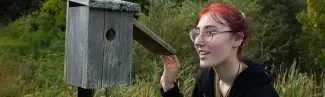 A student checks a bird house